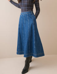 Orta Ton Yıkamalı Panelli Denim Midi Boy Etek