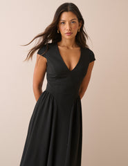Siyah Panelli Esnek Jarse Winnie Midi Boy Elbise