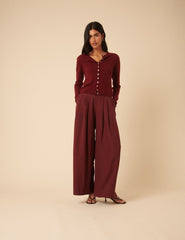 Bordo Pileli Geniş Paça Pantolon