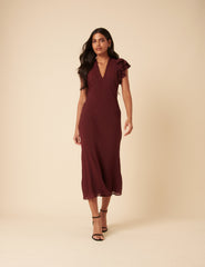 Bordo Fırfır Kollu Layla Midi Boy Elbise