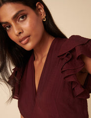 Bordo Fırfır Kollu Layla Midi Boy Elbise