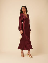 Bordo Saten Allura Midi Boy Elbise