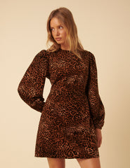 Leopar Desenli Balon Kollu Peggy Mini Boy Elbise