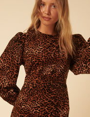 Leopar Desenli Balon Kollu Peggy Mini Boy Elbise