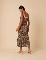 Yeşil ve Pembe Çiçek Desenli Heather Midi Boy Elbise