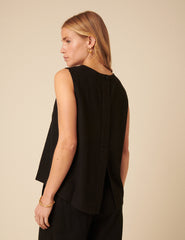 Siyah Keten Ağırlıklı Dökümlü Bluz