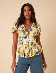 Beyaz Çiçek Desenli Peplum Bluz