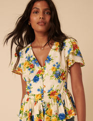 Beyaz Çiçek Desenli Peplum Bluz