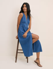 Mavi Denim Kolsuz İnce Çizgili Starlight Midi Boy Elbise