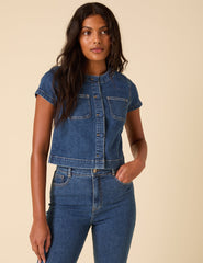 Orta Yıkamalı Denim Boydan Düğmeli Bluz