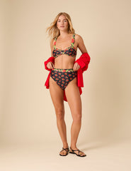 Siyah Çiçek Desenli Düğümlü Ön Bikini Bluz