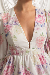 Hacimli Kollar ve Peplum Detay Çiçekli Romantik Mini Elbise - Beyaz/Pembe