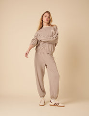 Bej Düşük Omuz Baskılı Sweatshirt