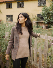 Kahverengi Fluffy Alpaca ve Yün Karışımlı Oversize Kazak