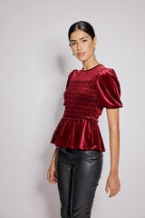 Kırmızı Kadife Balon Kollu Peplum Bluz