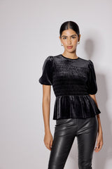 Siyah Kadife Balon Kollu Peplum Bluz
