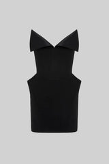 Katlı Yaka-stil Yaka Detaylı Yapılandırılmış Korse Mini Elbise - Siyah