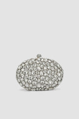 Tamamı Stone Yüzey Detaylı Kristal-Süslemeli Oval Clutch Çanta - Gümüş