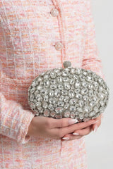 Tamamı Stone Yüzey Detaylı Kristal-Süslemeli Oval Clutch Çanta - Gümüş