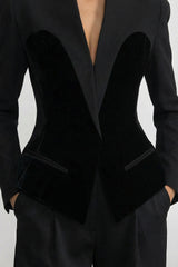 Kadife Korse-stil Paneller Detaylı Terzi İşi Uzun Kollu Blazer Ceket - Siyah