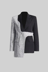 Asimetrik Etek Ucu Detaylı Modern Çift Renkli Blazer Ceket - Siyah ve Gümüş