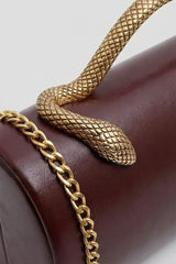 Yılan Sap ve Altın Zincir Detaylı Yapılandırılmış Clutch Çanta - Kahverengi