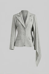 Drapeli Pelerin Panel Detaylı Terzi İşi Uzun Kollu Blazer Ceket - Gri