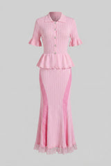 Dantel Etek Ucu Detaylı Bebe Yaka Triko Peplum Maxi Elbise - Pembe