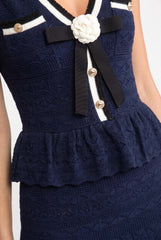 Kontrast Şerit ve Fiyonk Detaylı Peplum Triko Mini Elbise - Lacivert