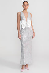 Saten Fiyonk Detay Payet Maxi Elbise - Light Gri