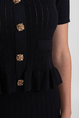 Peplum Bel ve Altın Düğmeler Detaylı Triko Midi Takım - Siyah