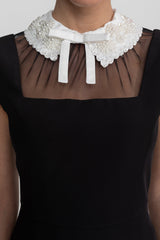Dantel Yaka Bağlama Detay Kep Kol Midi Elbise - Siyah