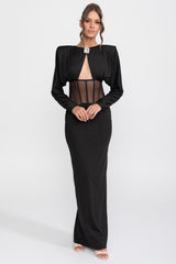 Uzun Kollu Detaylı Dekolteli Transparan Panelli Abiye Elbise - Siyah