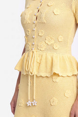 Bağcıklı Bel Detaylı Çiçekli Tığ İşi Peplum Maxi Elbise - Sarı