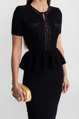 Peplum Bel Detayı Dokulu Triko Midi Elbise - Siyah