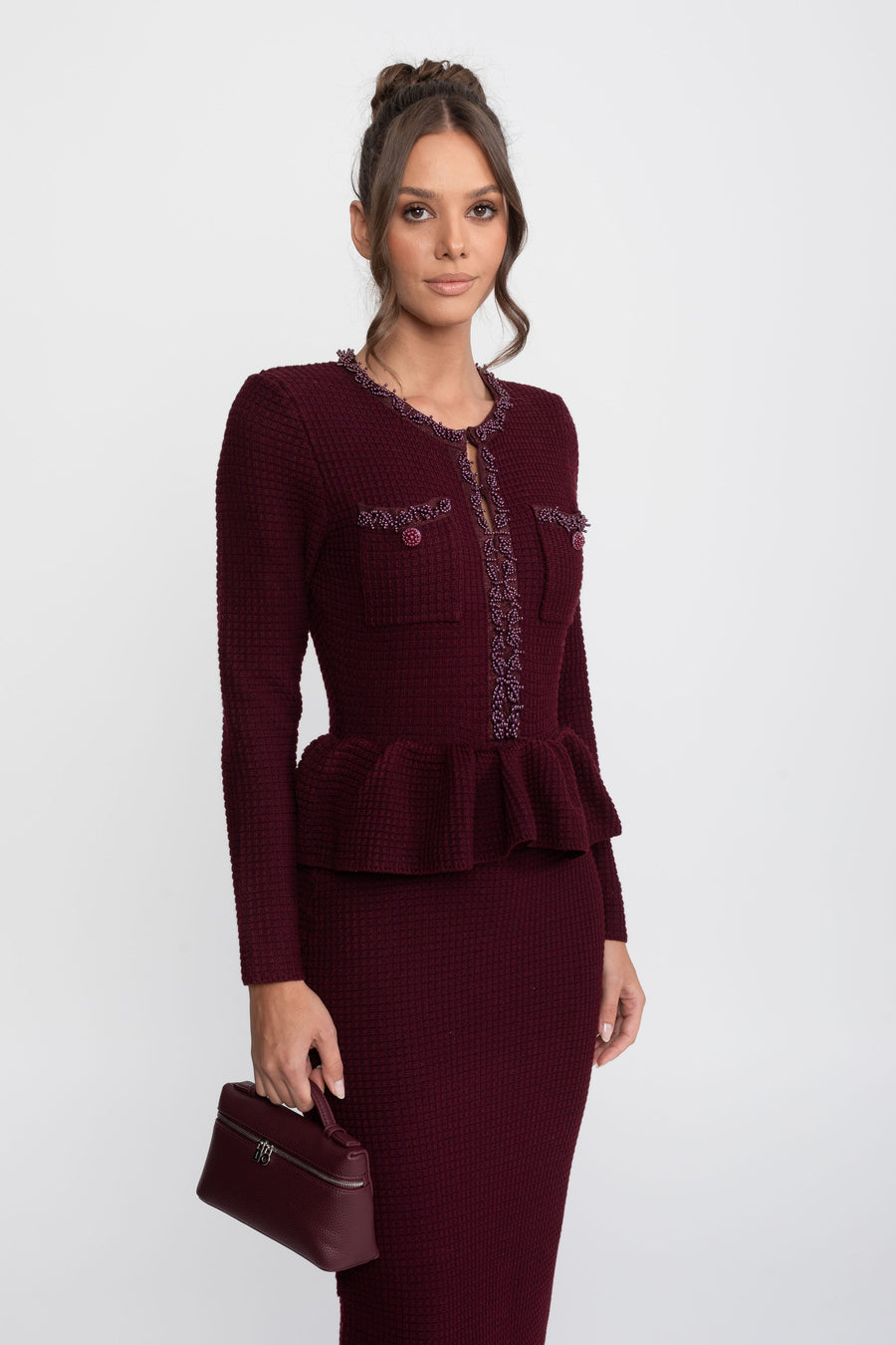 Ön Göğüs Cepleri Detaylı Püskül Şerit Triko Peplum Elbise - Bordo