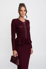 Ön Göğüs Cepleri Detaylı Püskül Şerit Triko Peplum Elbise - Bordo