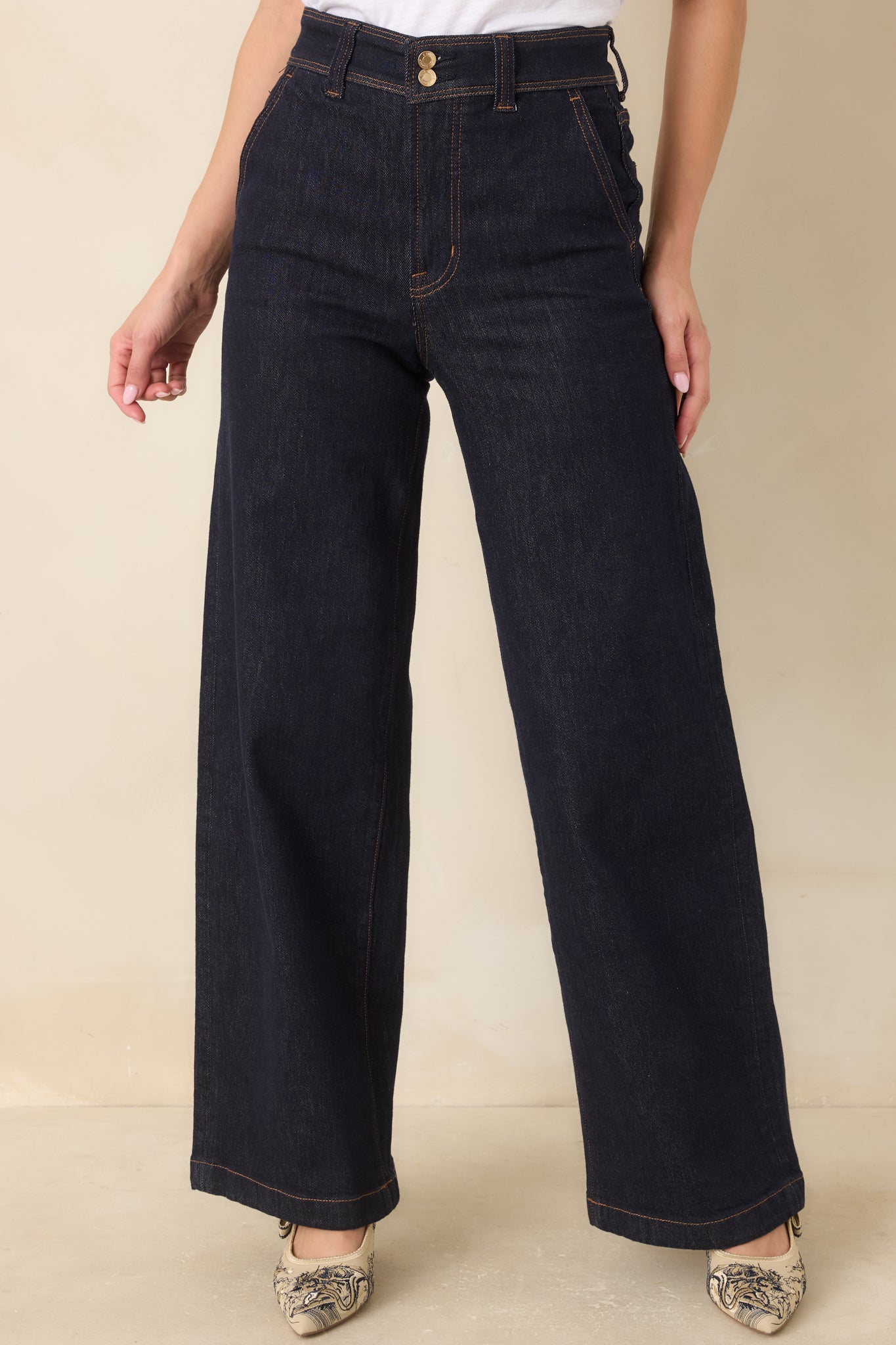 Koyu İndigo Yüksek Bel Bol Paça Denim Pantolon