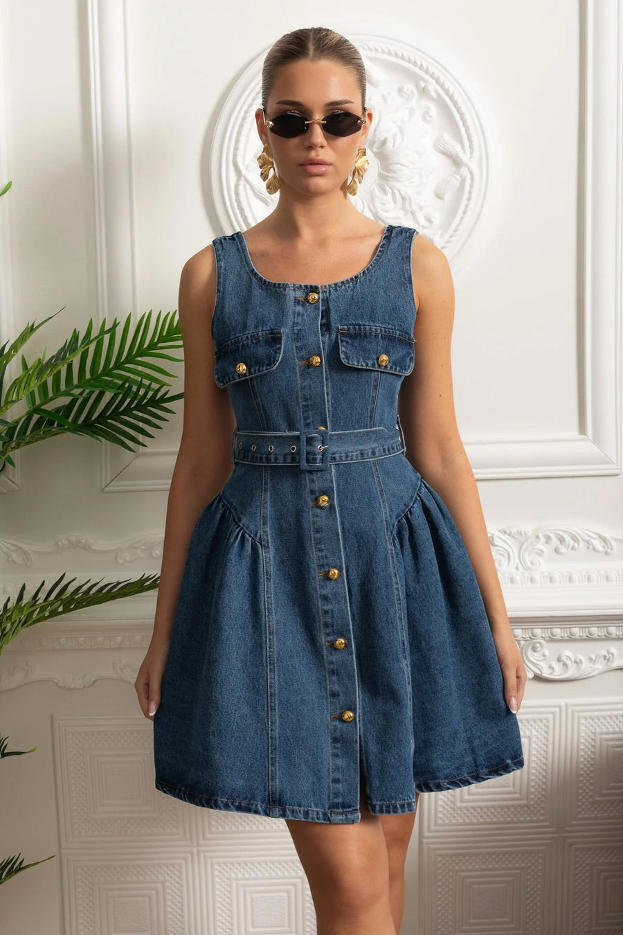 Kemerli Denim Önden Düğmeli Mini Elbise - Mavi