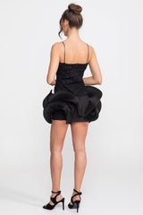 Işıltılı Süslemeler ve Fırfırlı Peplum Etek Detaylı Babydoll Mini Elbise - Siyah
