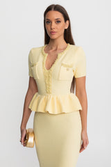 Peplum Bel Detayı Dokulu Triko Midi Elbise - Sarı