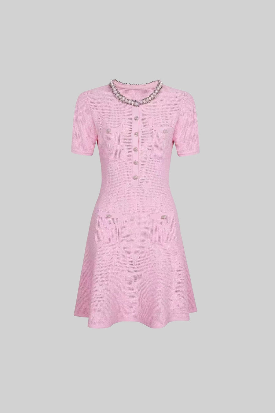 İnci Şerit Yaka ve Kristal Düğmeler Detaylı Dokulu Kısa Kollu Mini Elbise - Pembe