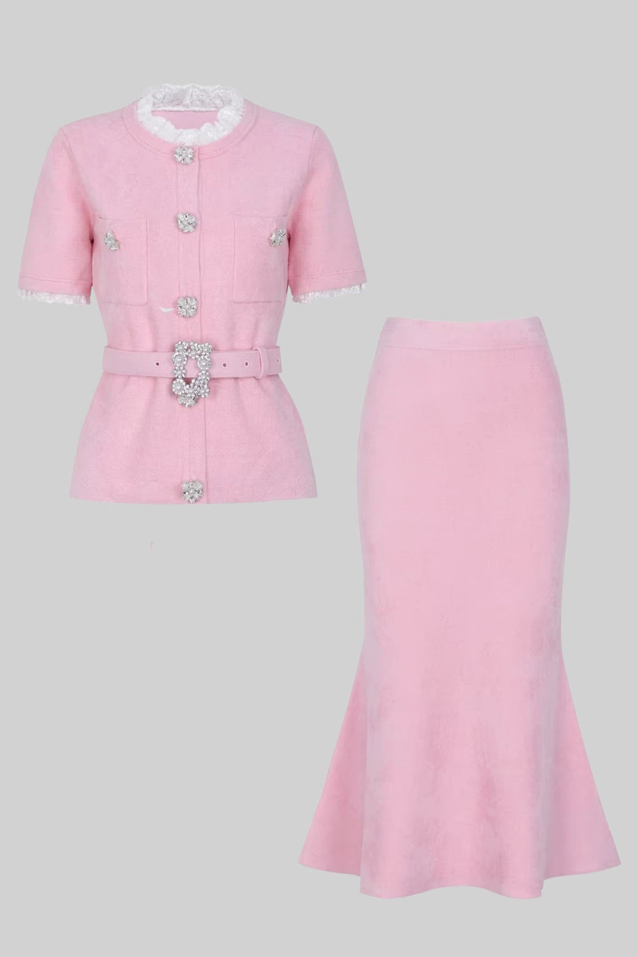 Peplum Bel ve Kristal Düğme Kemer Detaylı Kısa Kollu Takım - Pudra Pembe