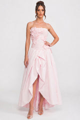 3D Çiçek Üst Beden ve Tam Etek Detaylı Askısız Ballgown - Pembe