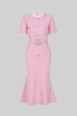 Peplum Bel ve Kristal Düğme Kemer Detaylı Kısa Kollu Takım - Pudra Pembe