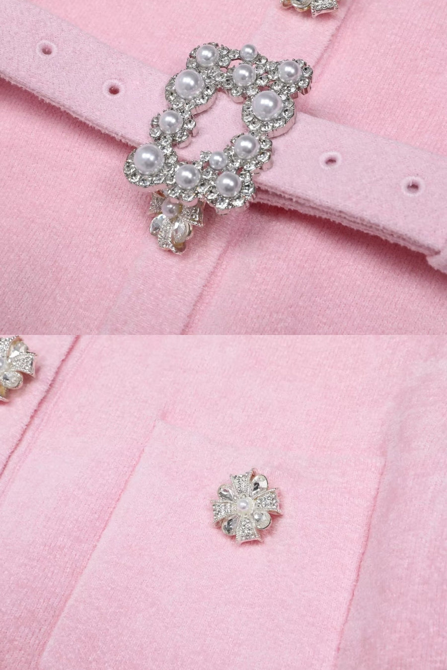 Peplum Bel ve Kristal Düğme Kemer Detaylı Kısa Kollu Takım - Pudra Pembe