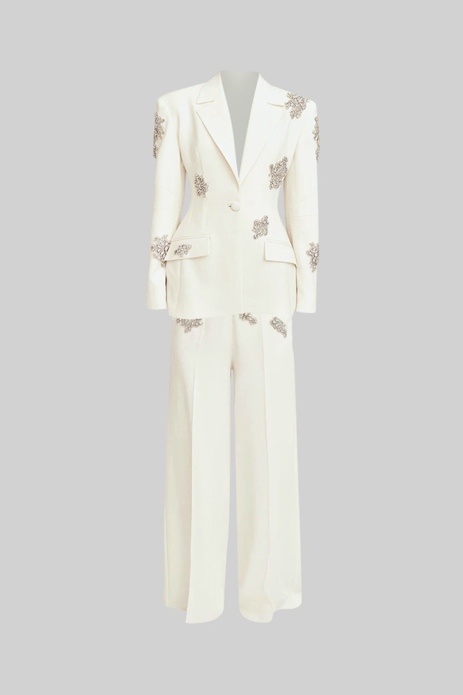 Rafine Çiçek Aplikeli Pantsuit - Beyaz