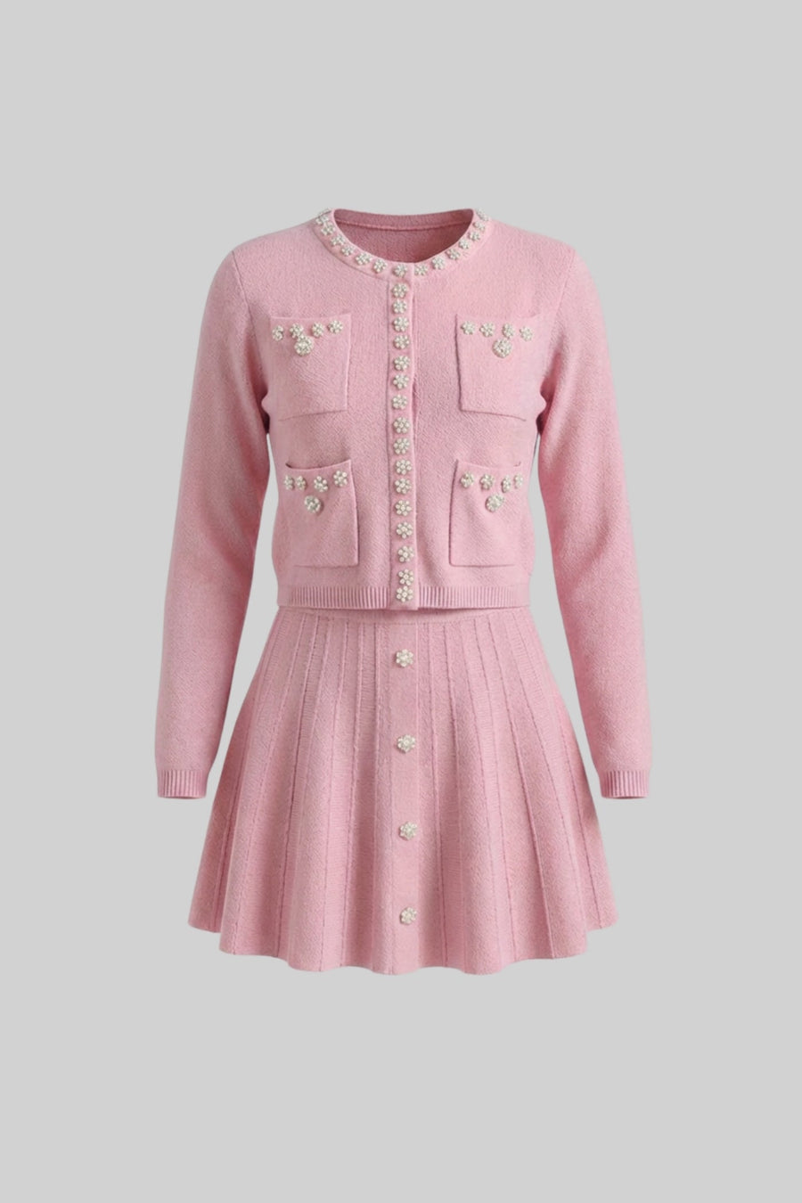 Uzun Kollu Hırka ve Uyumlu Mini Etek Detaylı Triko Takım - Pudra Pembe