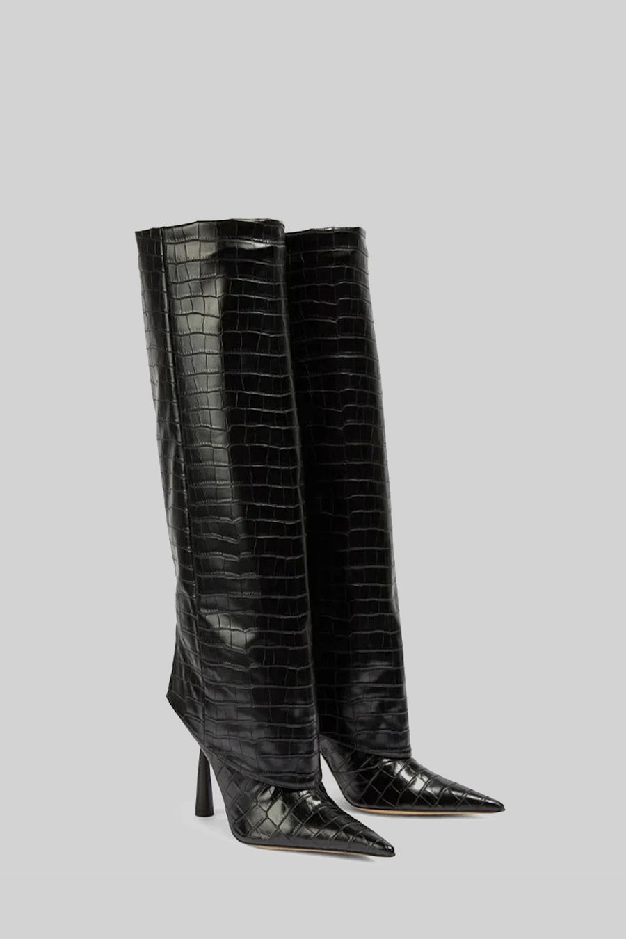 Knee-yüksek Alligator Skin Desen Sivri Bot - Siyah
