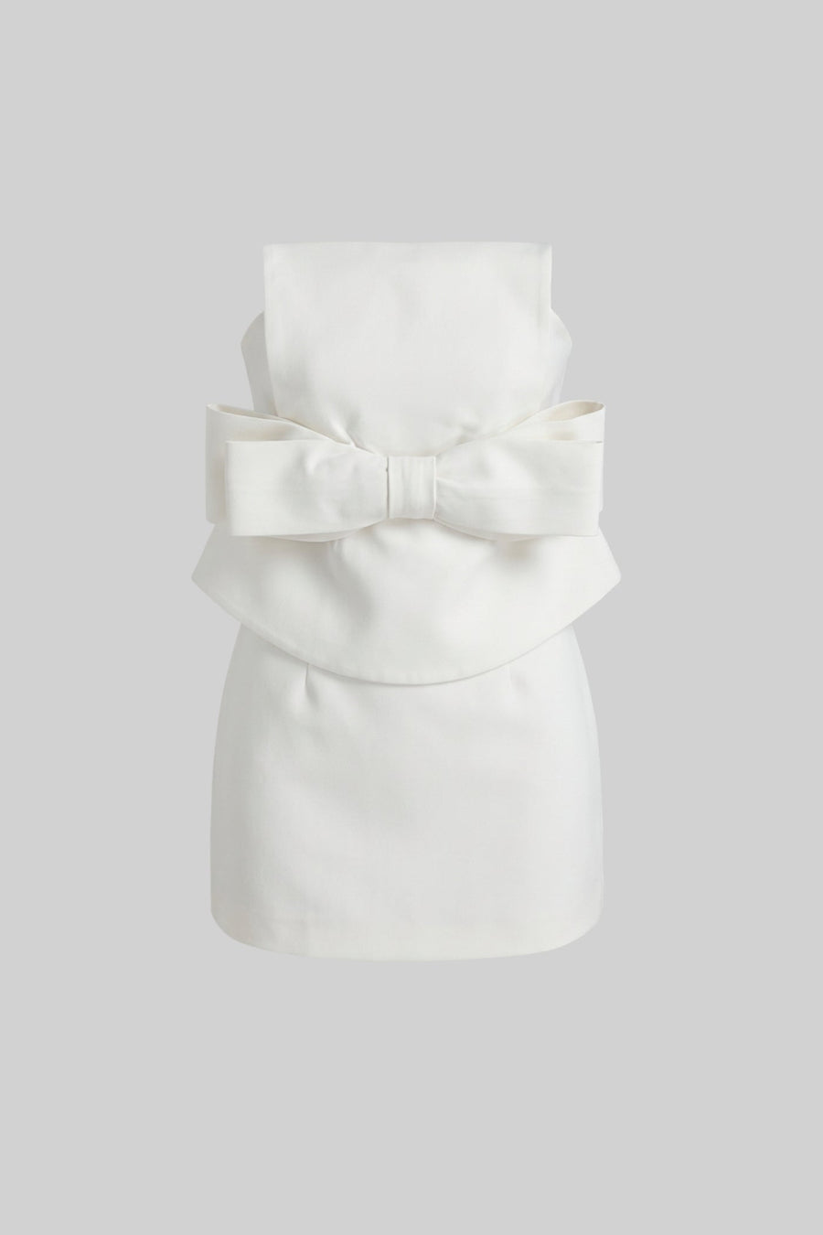 Büyük Fiyonk Bel ve Peplum Katman Detaylı Askısız Mini Elbise - Beyaz